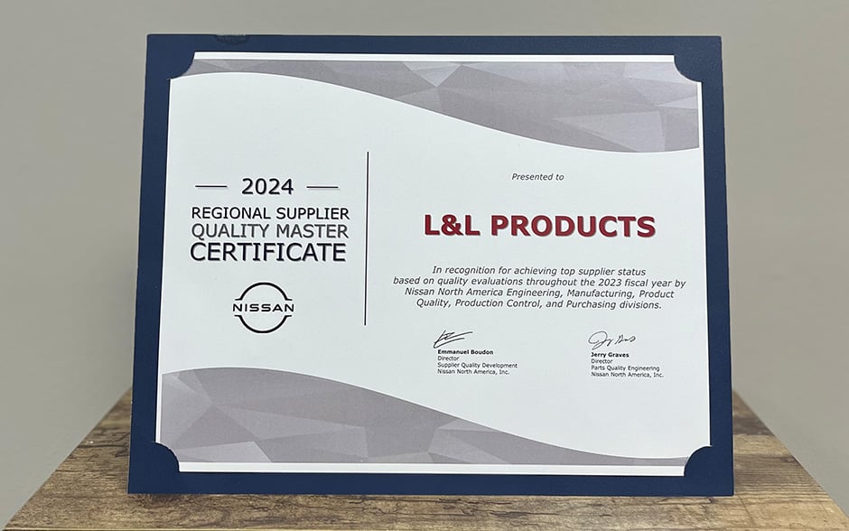 L&L Products Awarded 2024 Regional Supplier Quality Master Certificate from Nissan